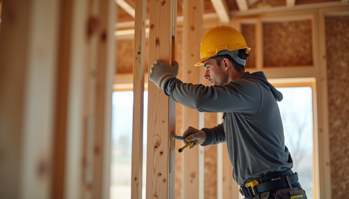 Close-up view of a worker securing a frame joint during modular home assembly