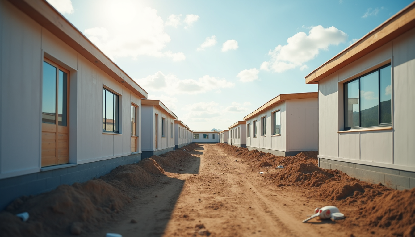 Eye-level view of modular housing units under construction