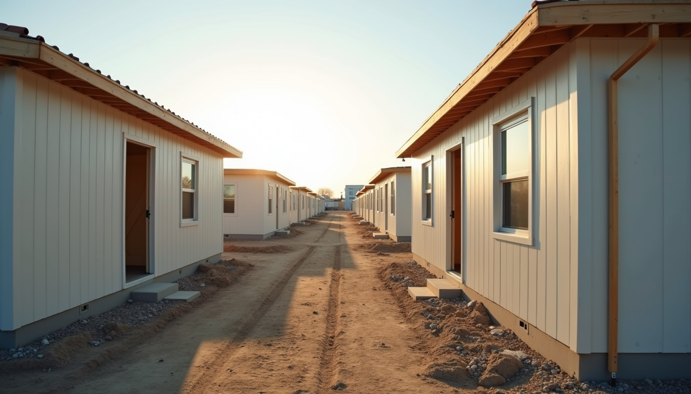 Eye-level view of modular housing units under construction