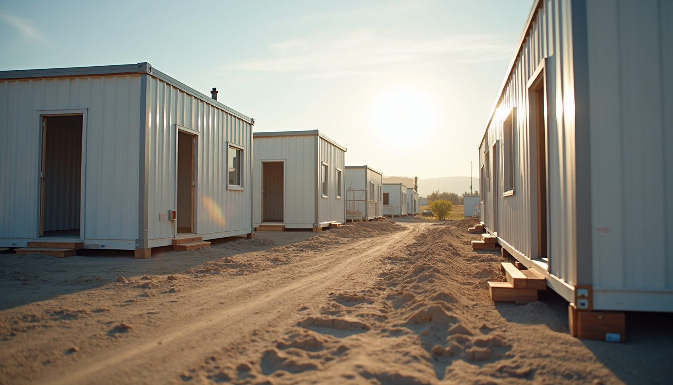 Eye-level view of modular housing units assembled on-site