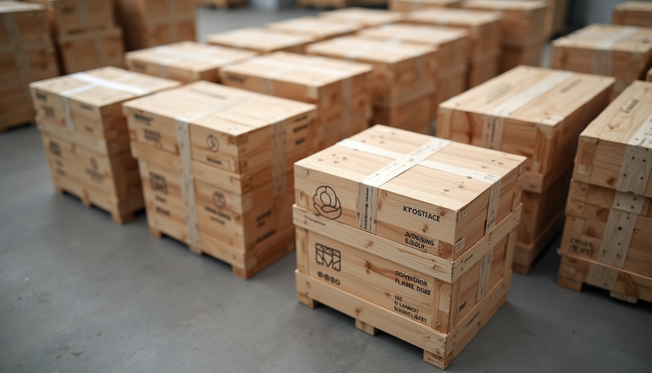 High angle view of stacked modular home kit components ready for shipment