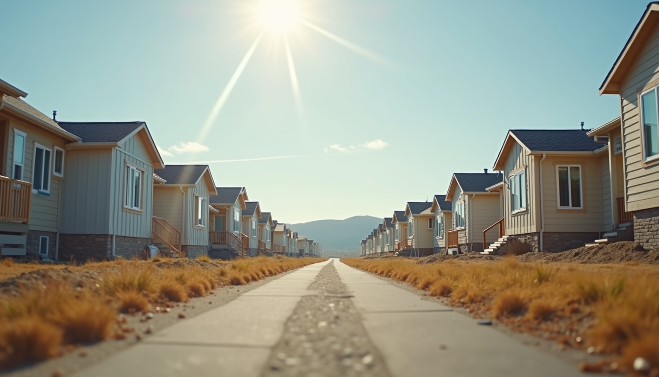Eye-level view of modular homes assembled in a suburban neighborhood