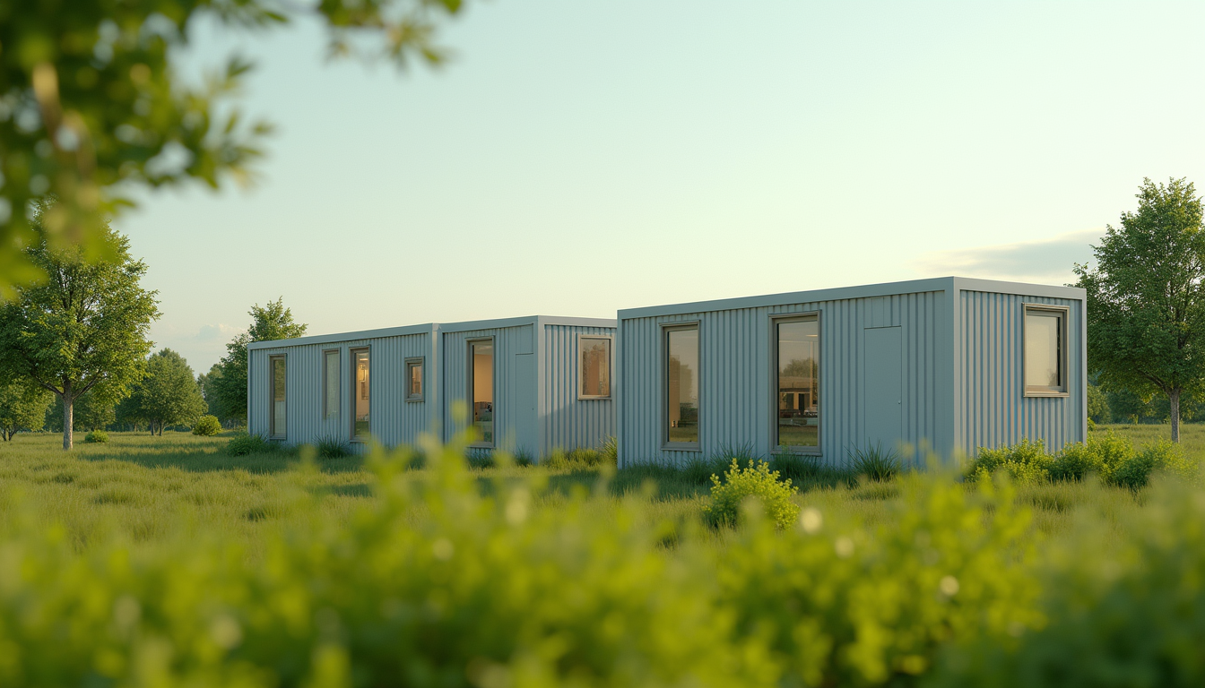 Eye-level view of modular sustainable housing units in a green landscape