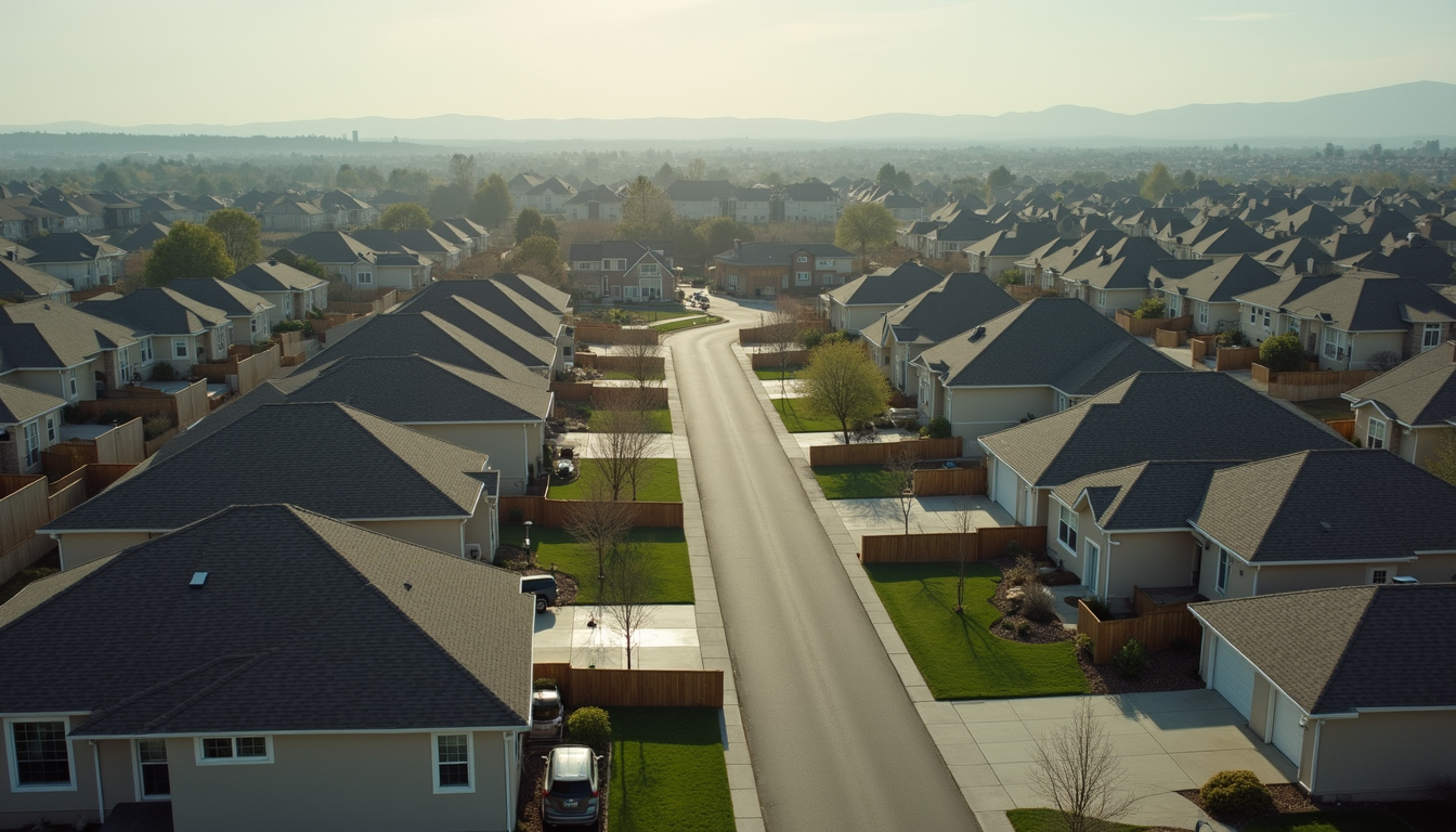 High angle view of affordable suburban housing neighborhood