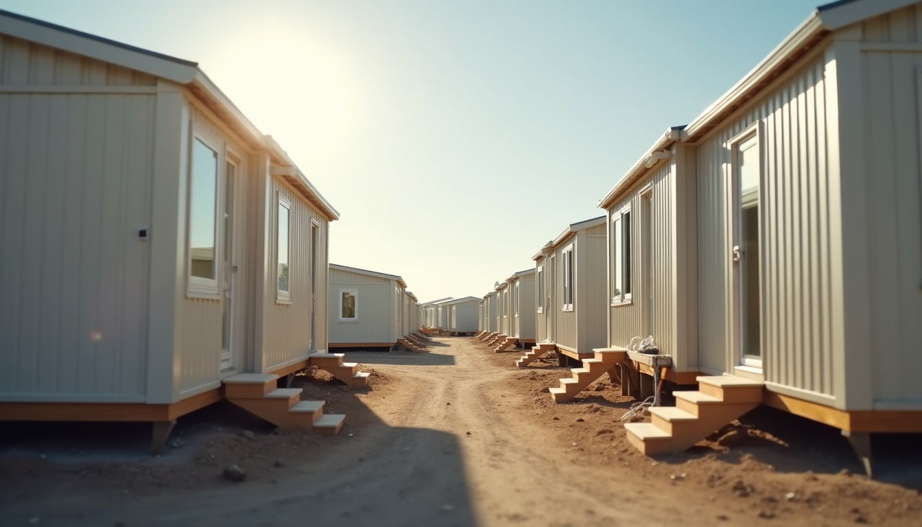 Eye-level view of modular housing units assembled in a community setting