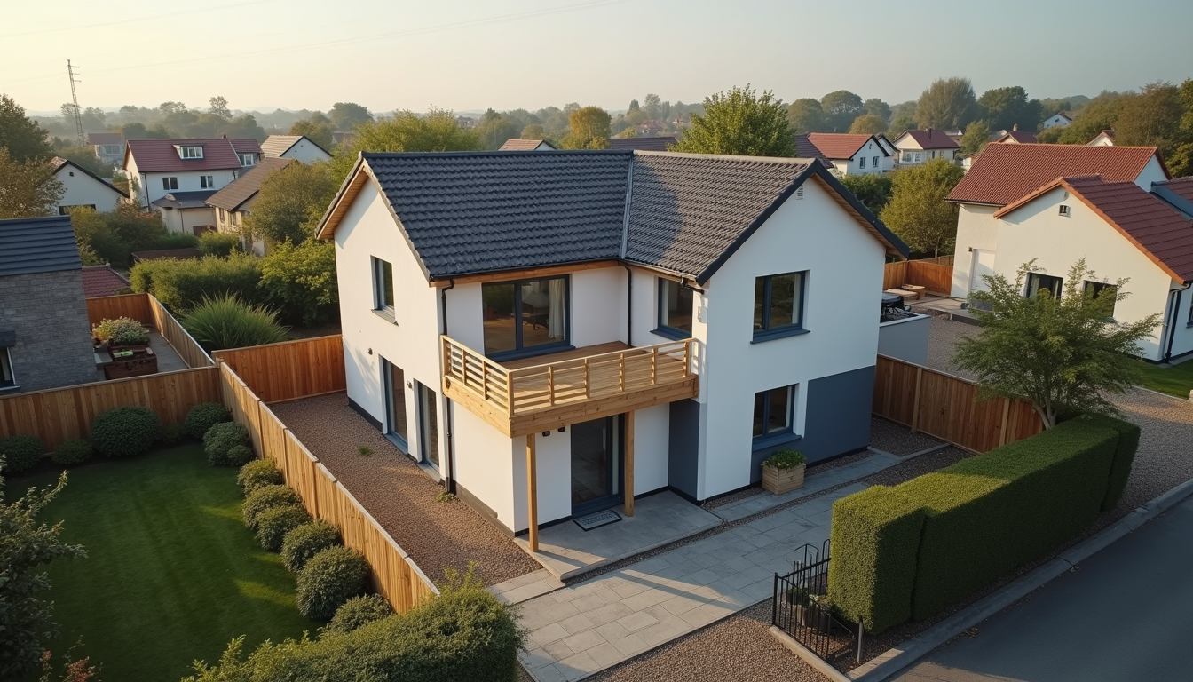 High angle view of a completed affordable DIY house kit in a suburban area