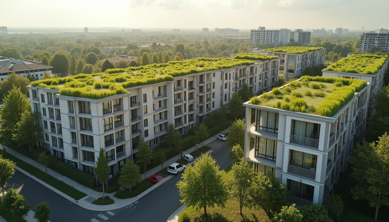 High angle view of sustainable affordable housing complex with green roofs