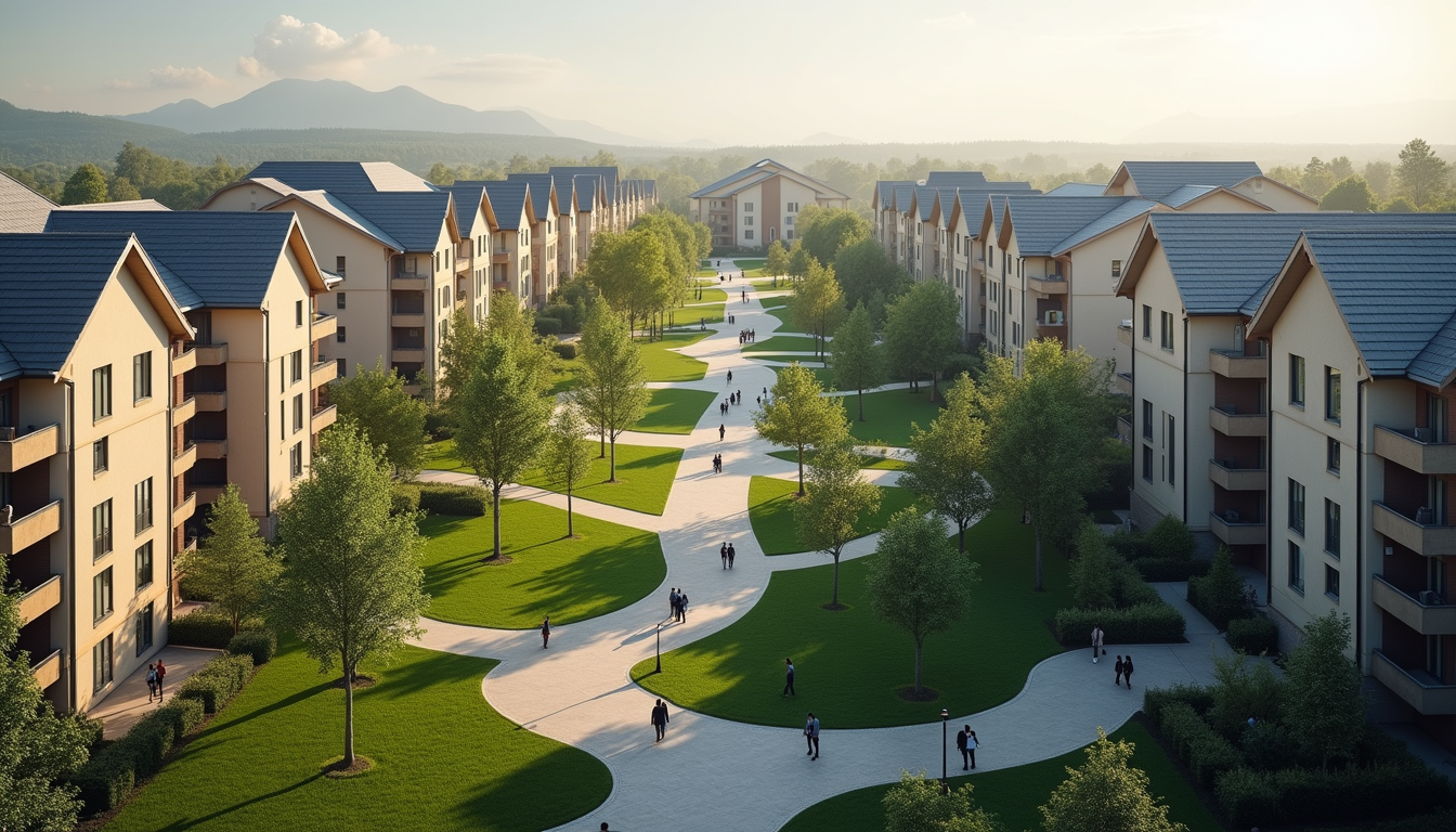 High angle view of a newly developed affordable housing complex with green spaces