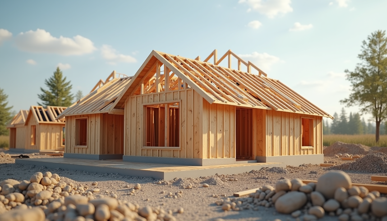 Eye-level view of a partially assembled wooden DIY house kit on a construction site