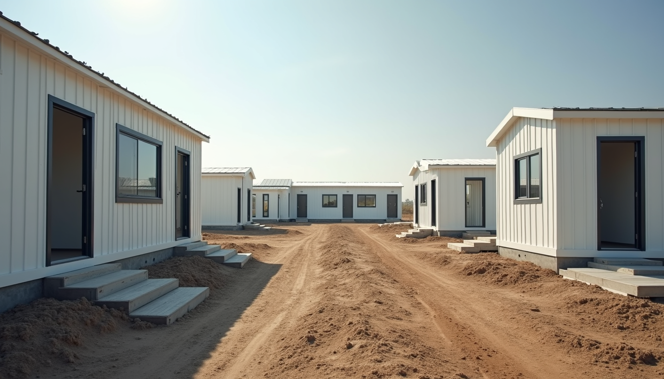 Eye-level view of modular house components neatly arranged on a construction site