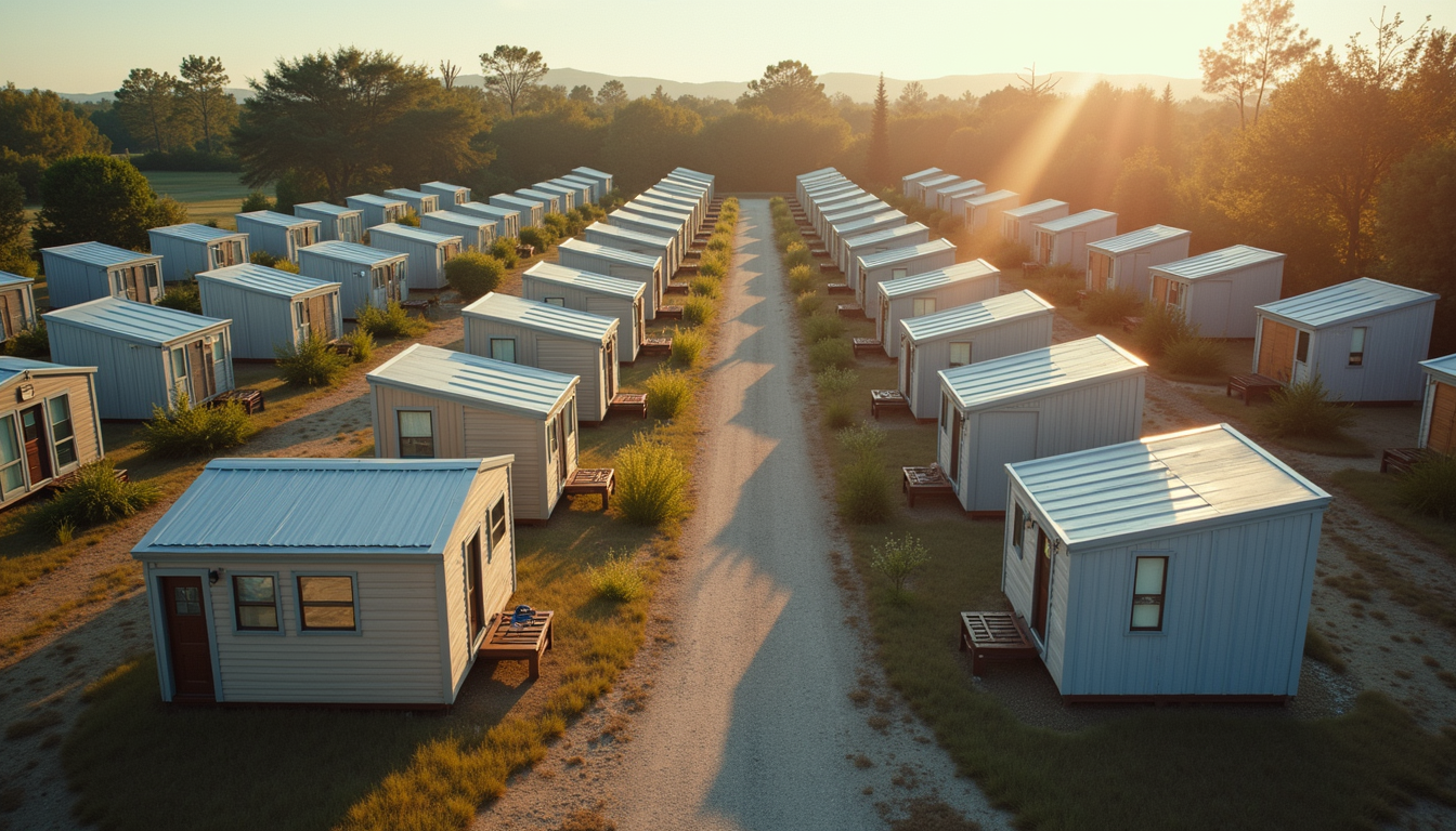 High angle view of a tiny home community with compact, affordable housing units