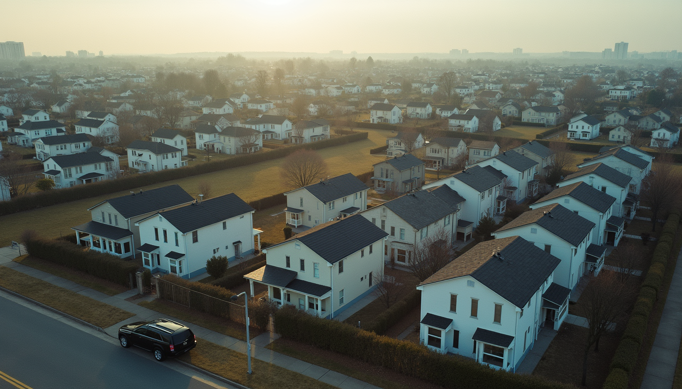 High angle view of affordable housing units in a suburban neighborhood