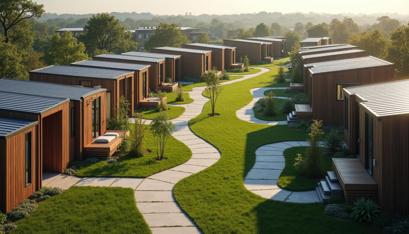 High angle view of a tiny home community with shared green spaces