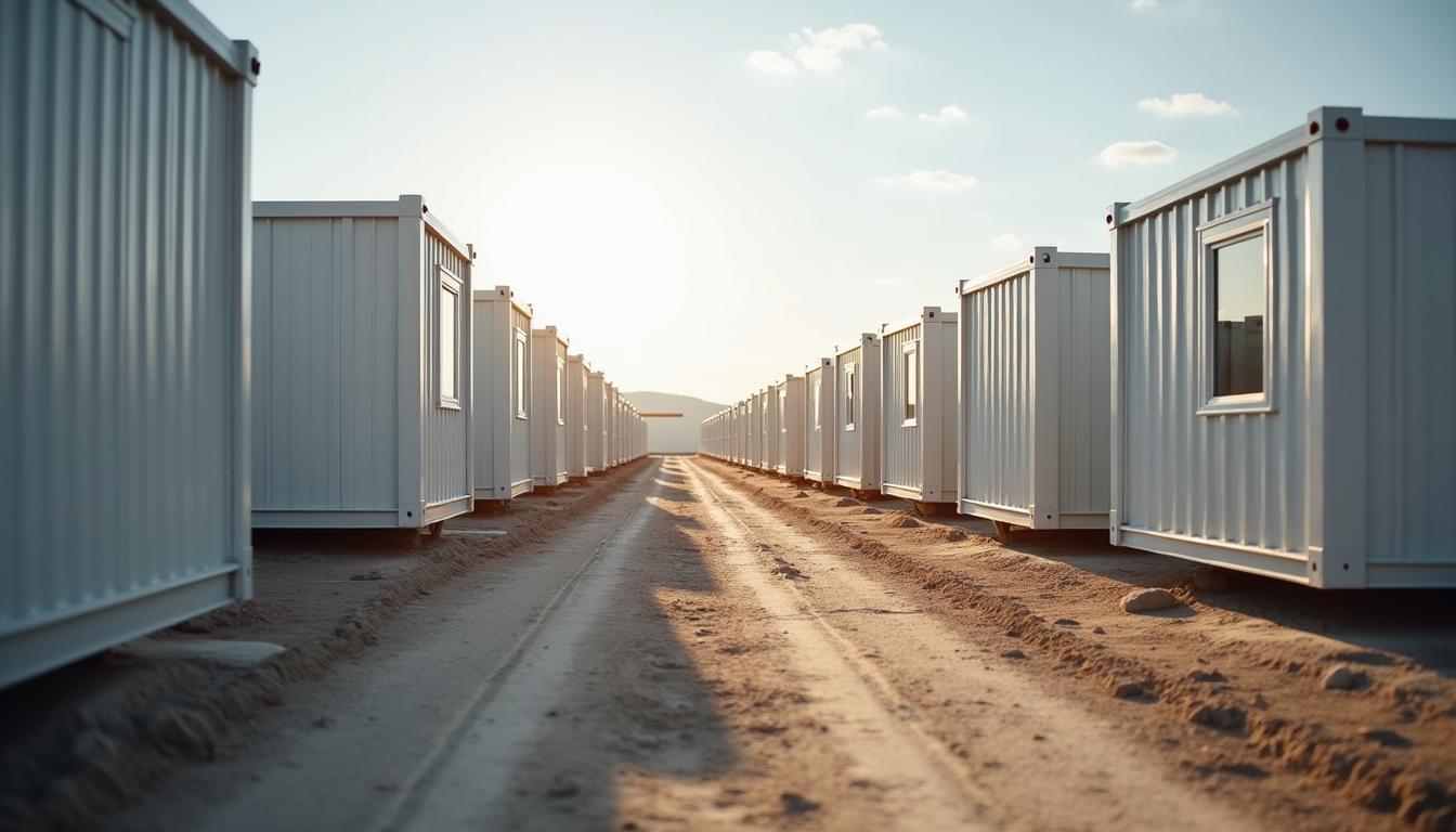 Eye-level view of modular housing units assembled on a construction site