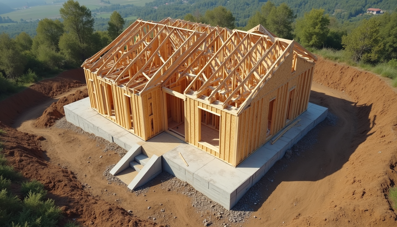 High angle view of a partially assembled DIY house kit on a prepared foundation
