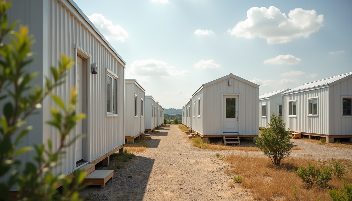 Eye-level view of modular housing units assembled in a sustainable community