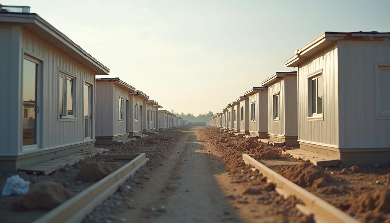 Eye-level view of modular housing units being assembled on-site