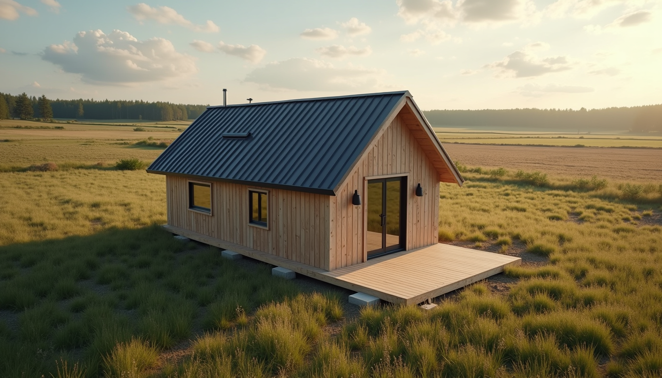 High angle view of a completed small DIY house kit in a rural setting