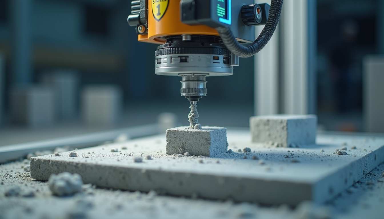 Close-up view of 3D printer constructing a concrete wall for housing