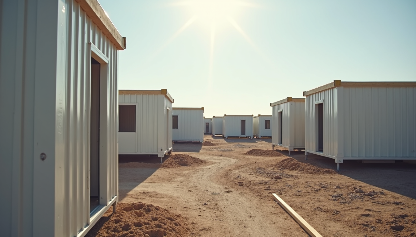 Eye-level view of modular housing units being assembled on site