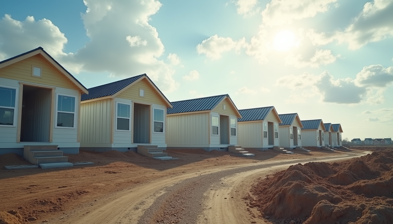 Eye-level view of modular homes under construction