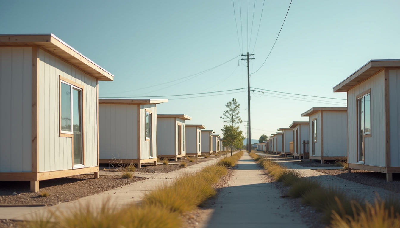 Eye-level view of modular housing units assembled in a suburban area