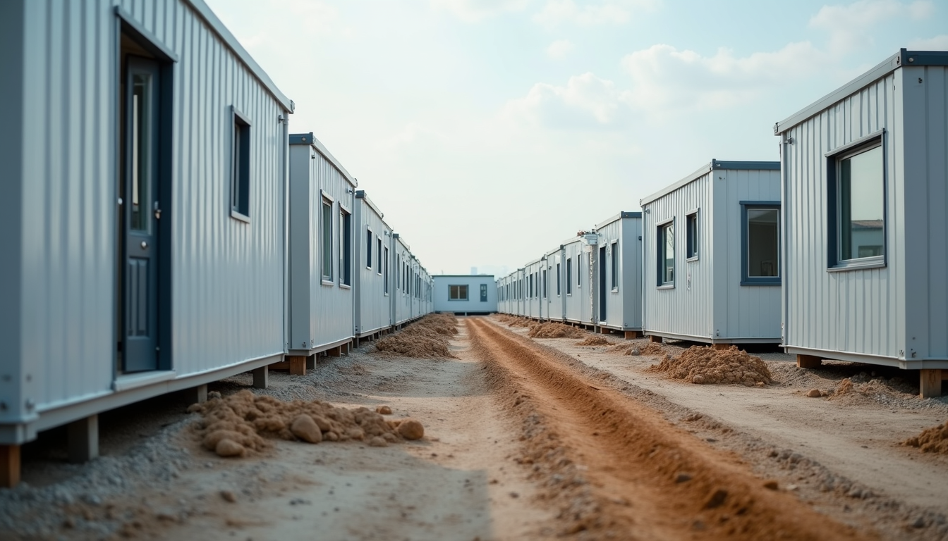 Eye-level view of modular housing units assembled on a construction site