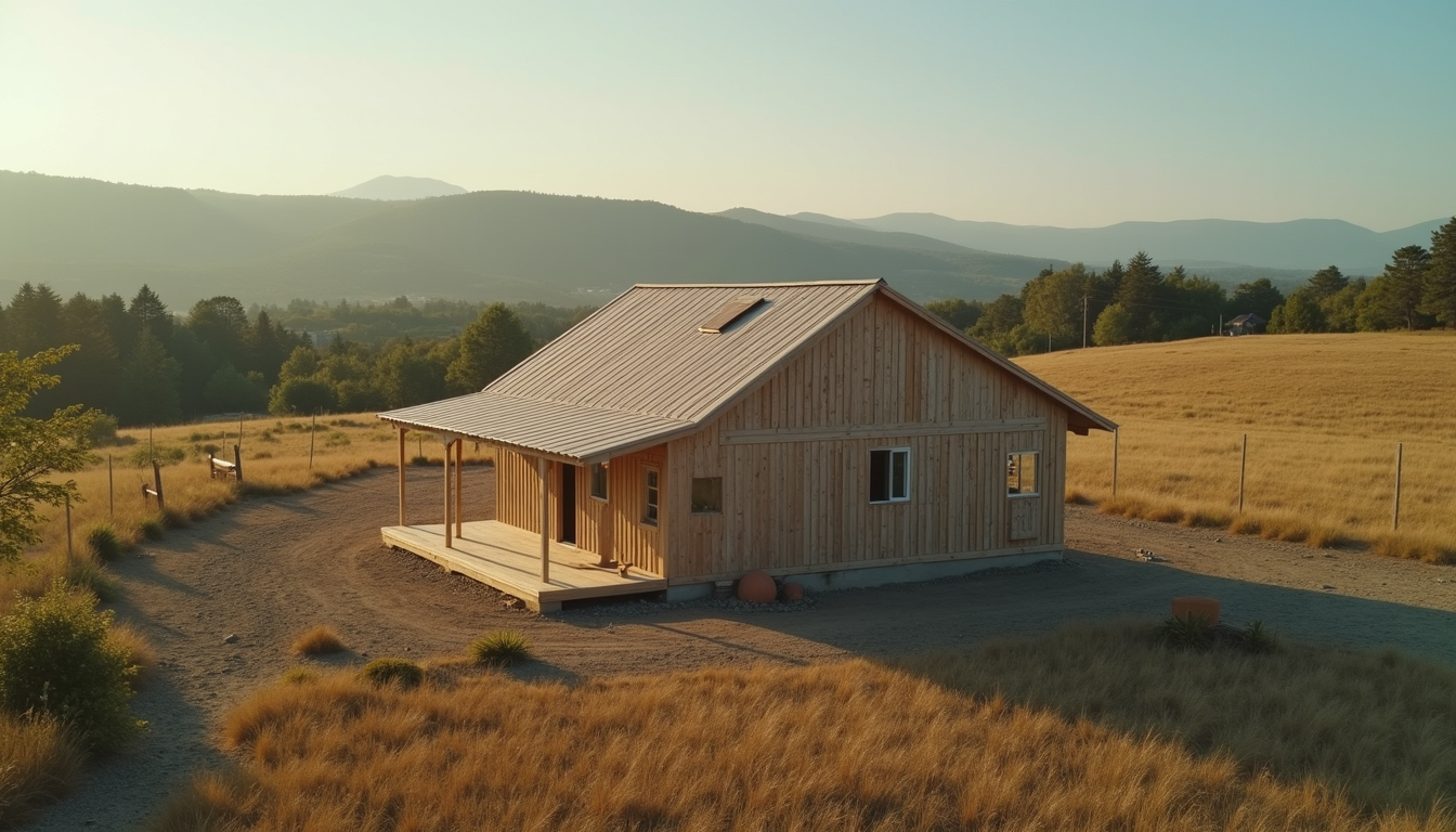 High angle view of a completed small DIY house kit in a rural setting