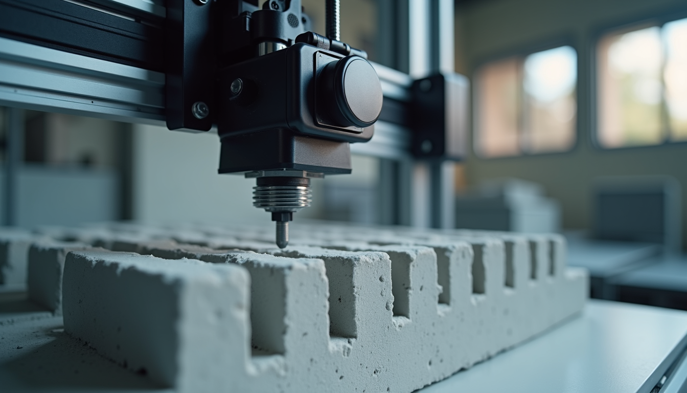 Close-up view of 3D printer constructing a concrete wall