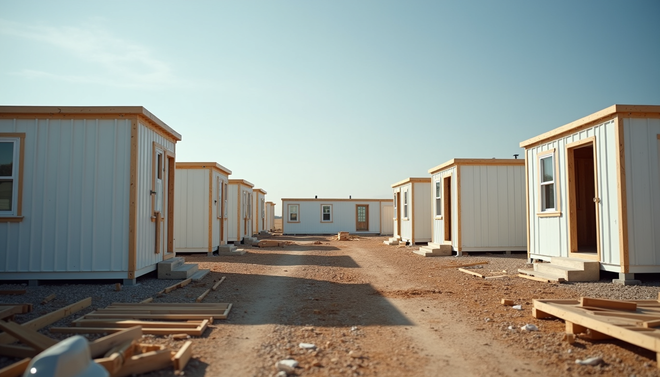 Eye-level view of modular home kit components neatly organized on a construction site
