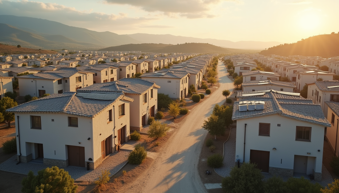 High angle view of a solar-powered affordable housing community
