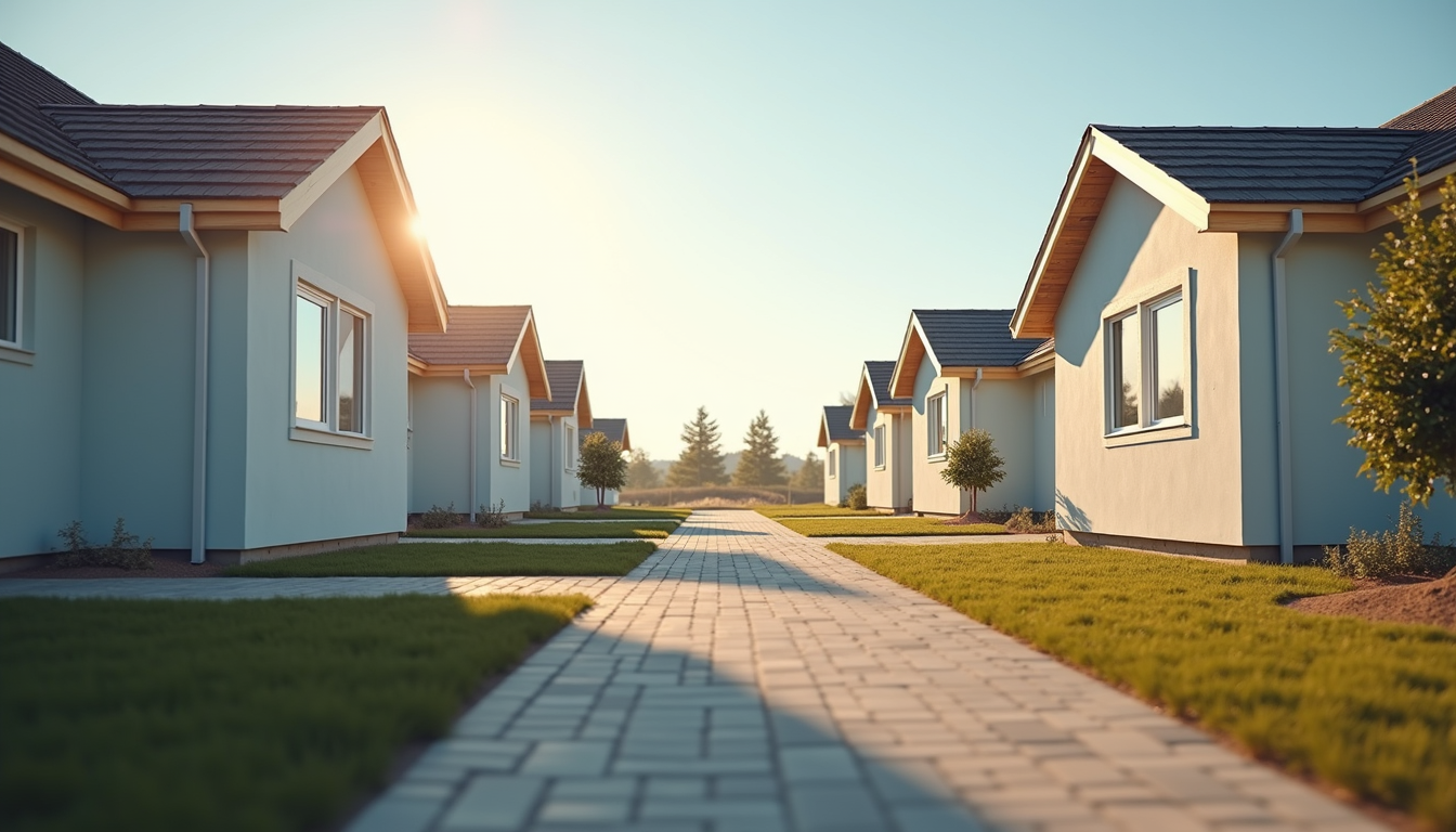 Eye-level view of modular housing units assembled in a community