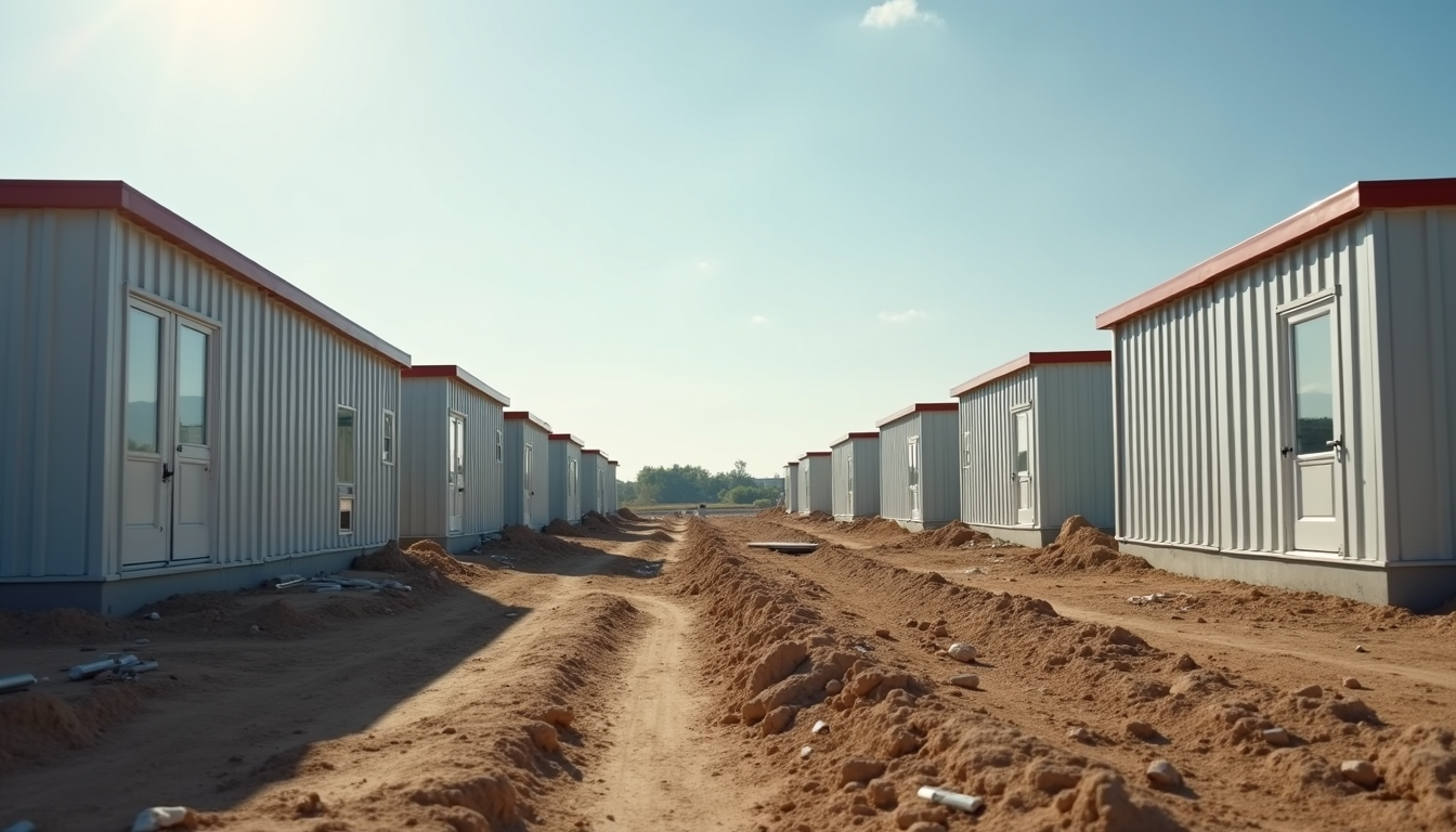 Eye-level view of modular housing units under construction