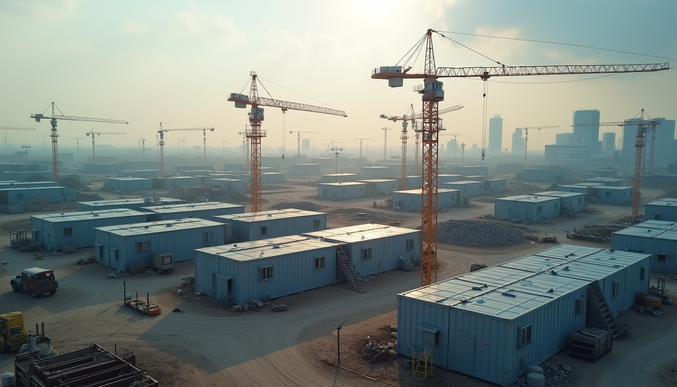 High angle view of a construction site with modular units and cranes