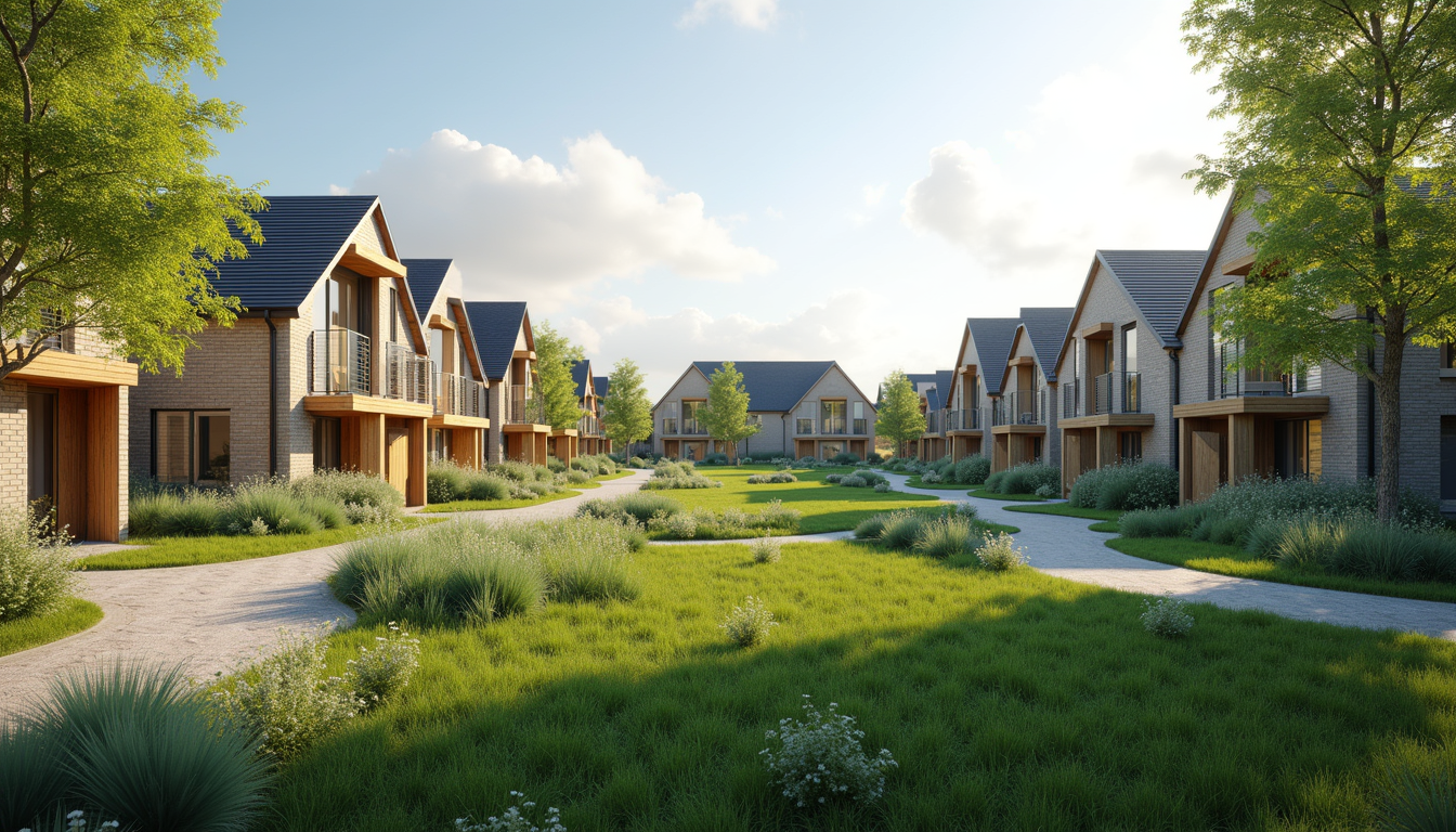 Wide angle view of sustainable housing community with green spaces