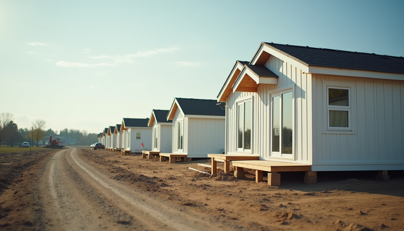 Eye-level view of modular housing units assembled in a suburban area