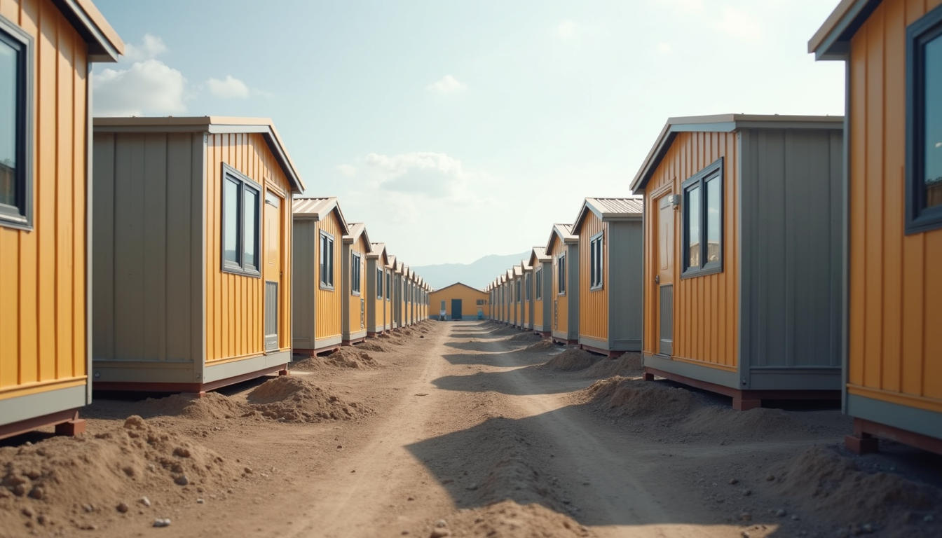 Eye-level view of modular housing units assembled on-site