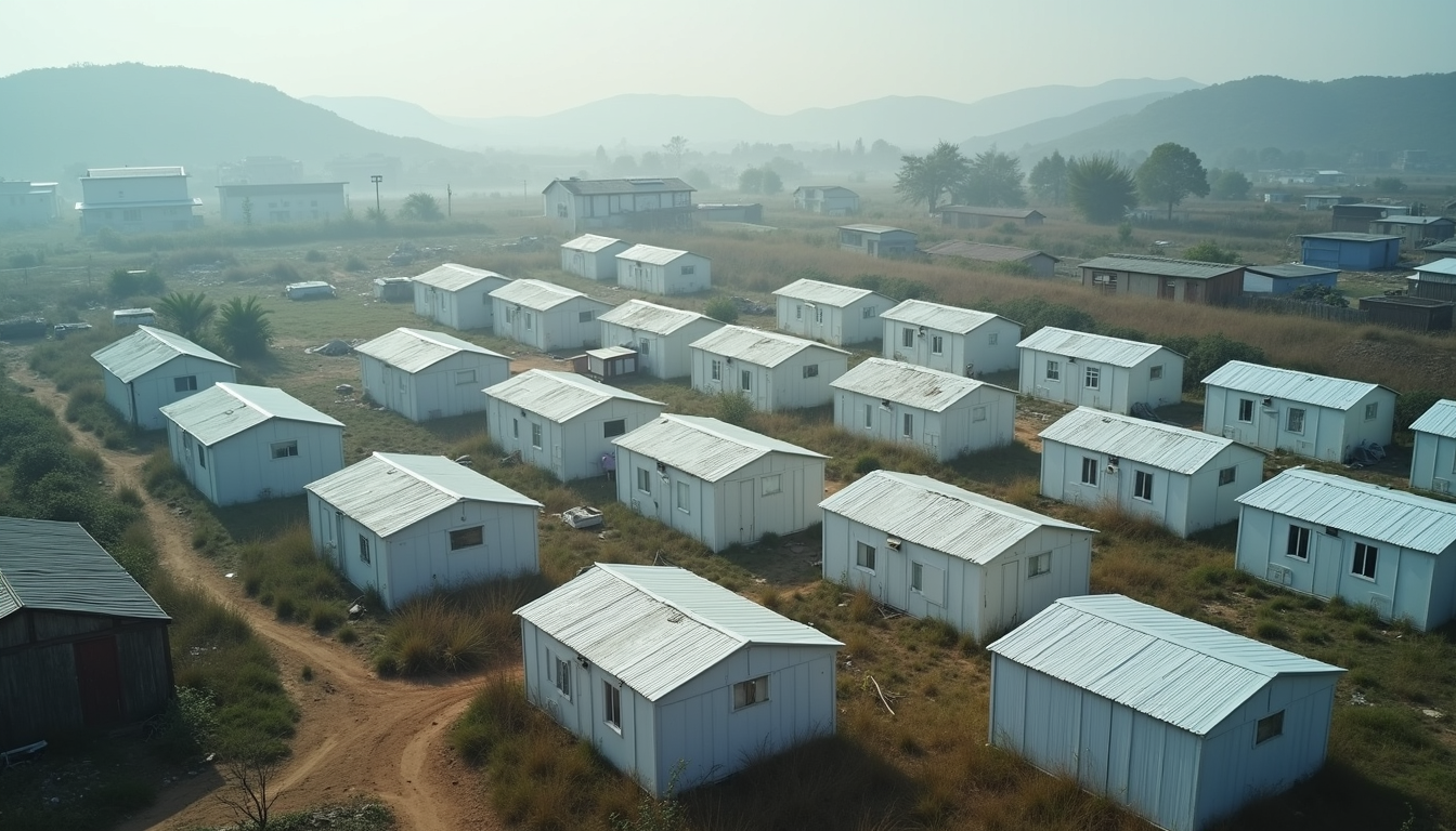 High angle view of prefabricated disaster relief housing units arranged in a temporary settlement