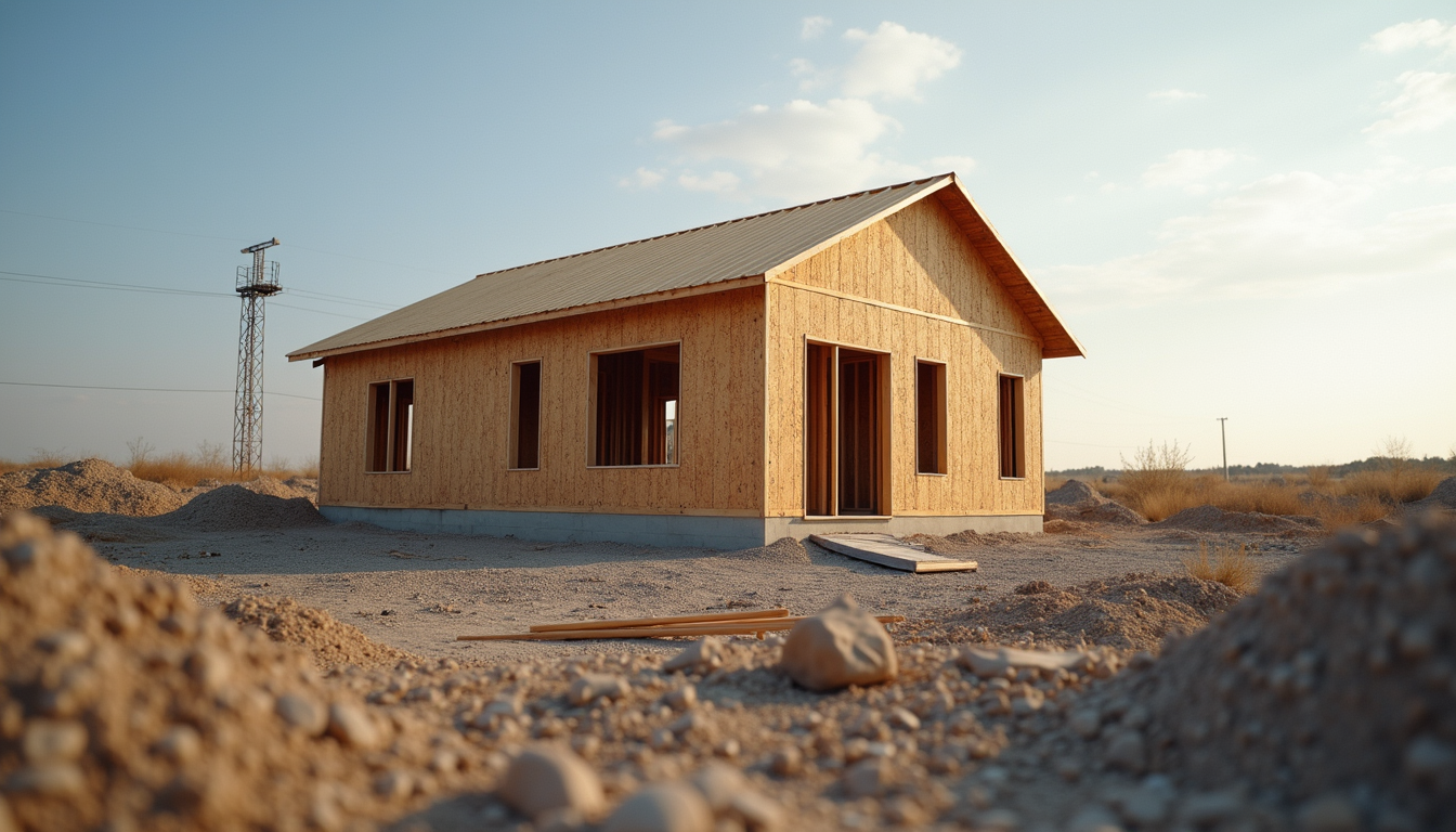 Eye-level view of a partially assembled affordable home kit on a construction site