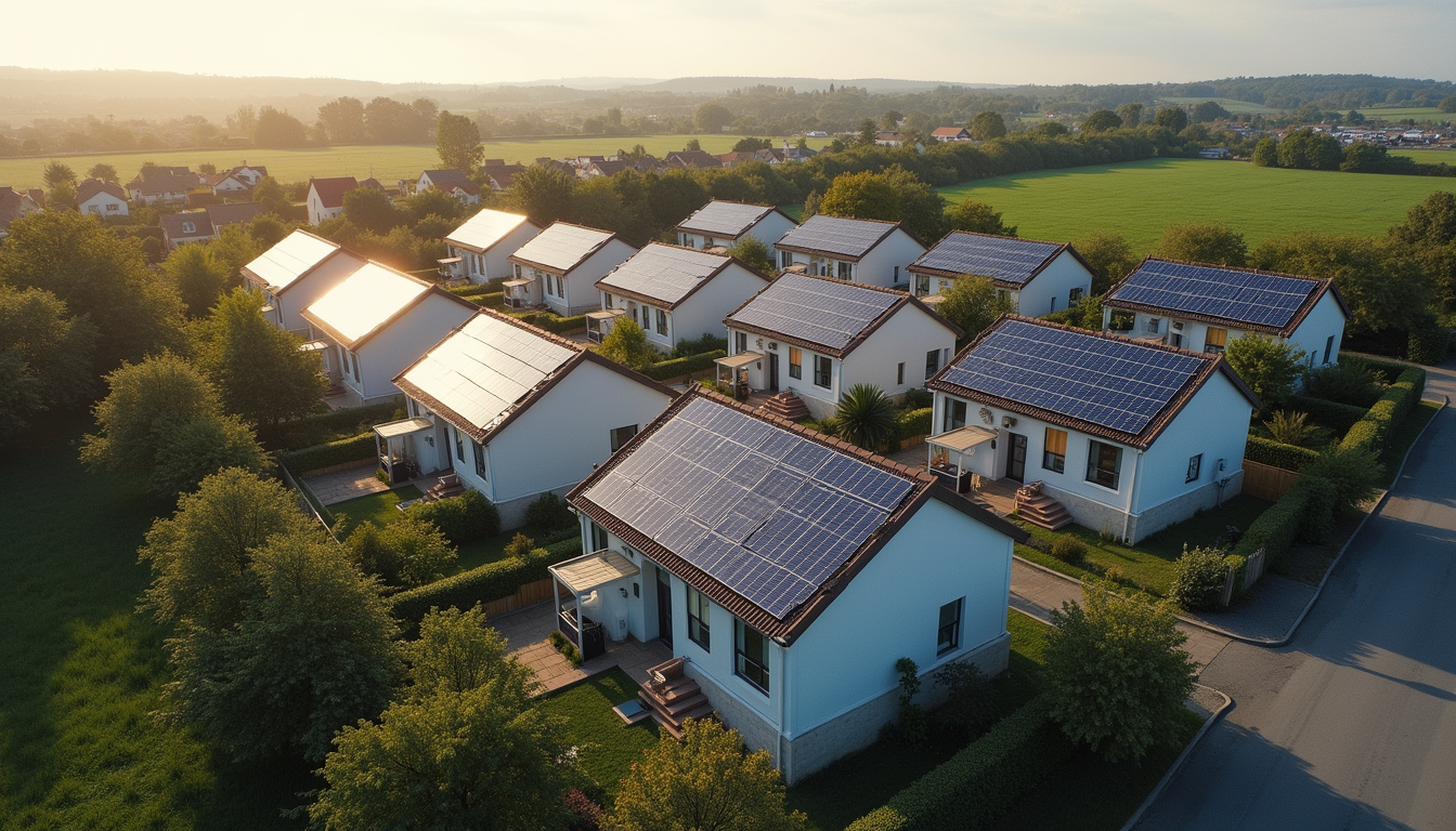High angle view of a sustainable housing community with solar panels