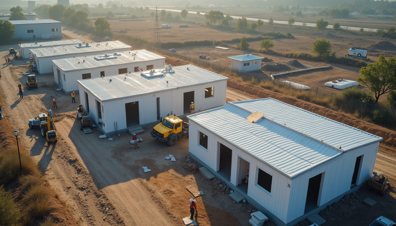 High angle view of a construction site with prefabricated housing modules being assembled