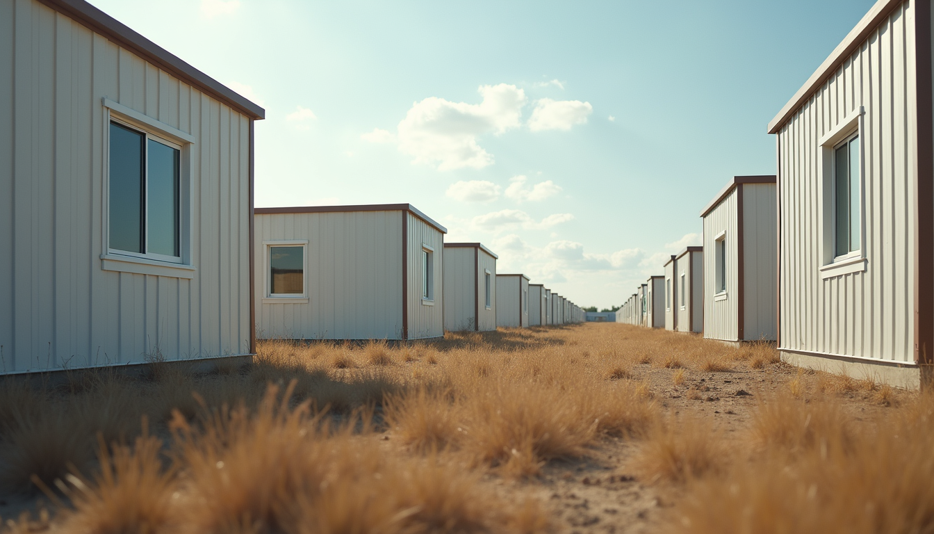Eye-level view of modular housing units assembled in a suburban area