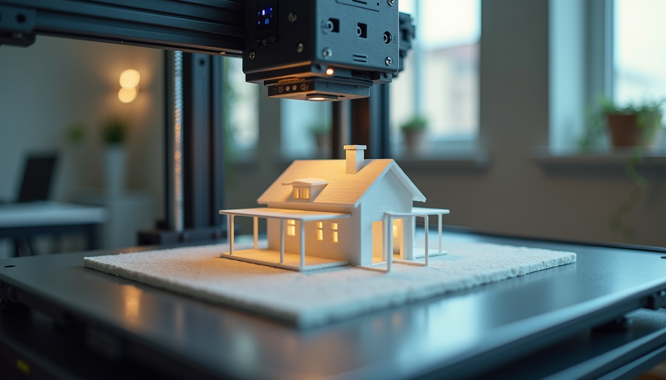 High angle view of a 3D printer constructing a small house
