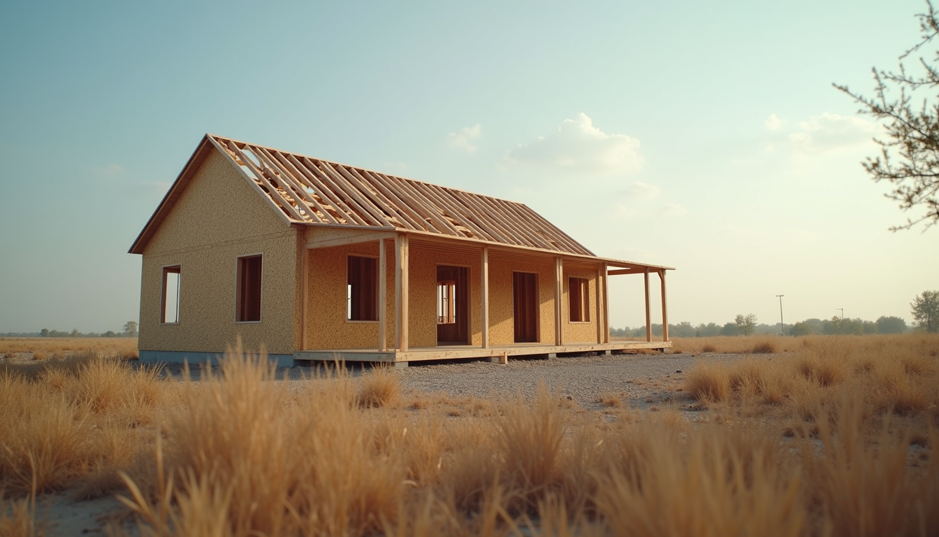 Eye-level view of a partially assembled affordable house kit in a rural setting