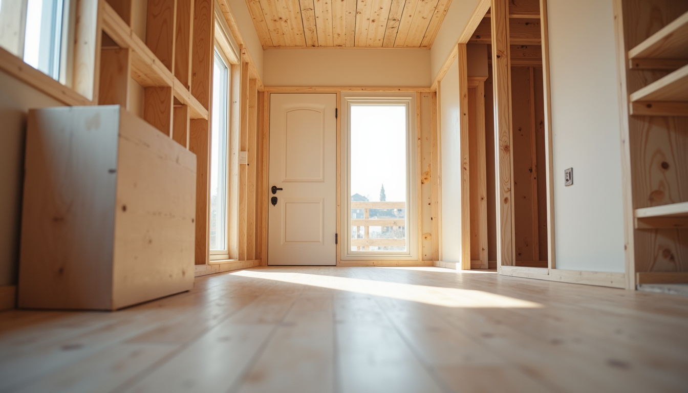 Eye-level view of modular home components neatly arranged for assembly