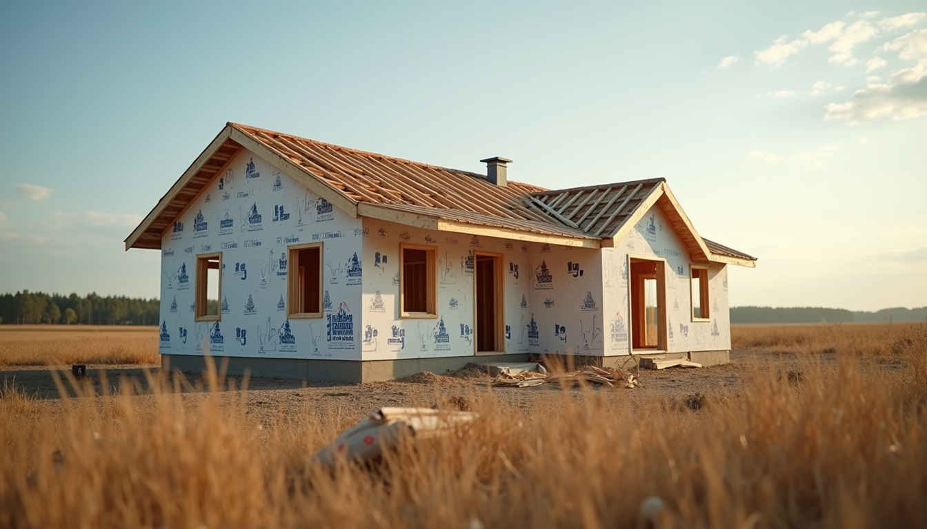 Eye-level view of a partially assembled affordable DIY house kit in a rural setting