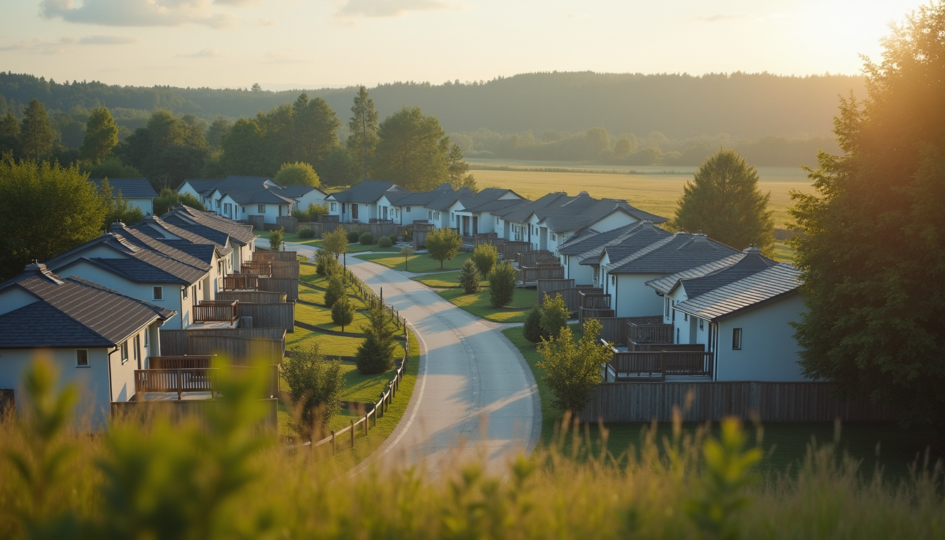 High angle view of a small affordable housing community in a rural area