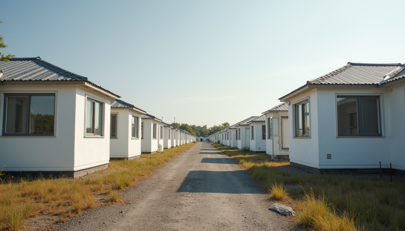 Eye-level view of modular housing units assembled in a suburban area