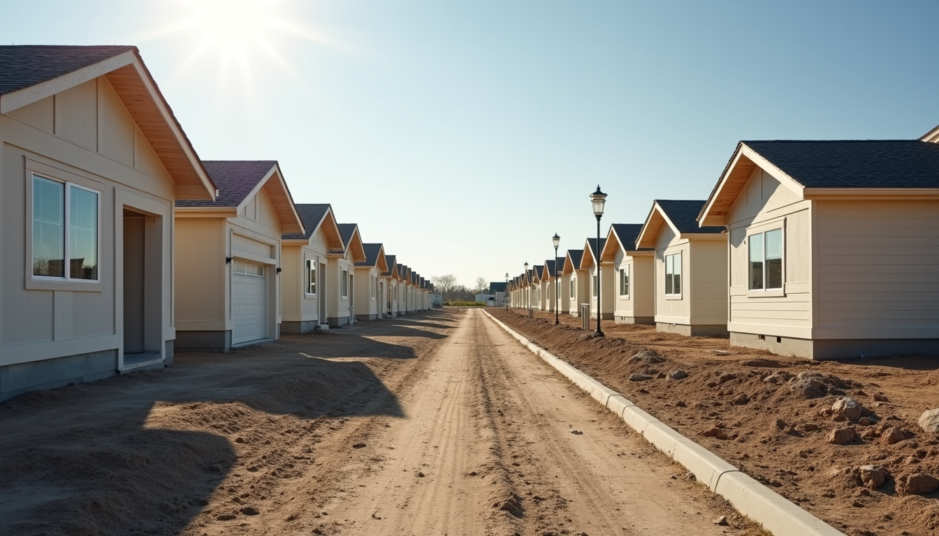 Eye-level view of modular homes under construction in a suburban area