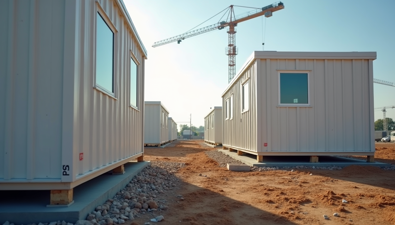 Eye-level view of modular housing units being assembled on-site